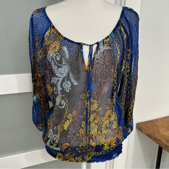 Cache Sheer Silk Floral & Chain Print Blouse  Embellishments Medium Blue READ - Picture 1 of 10